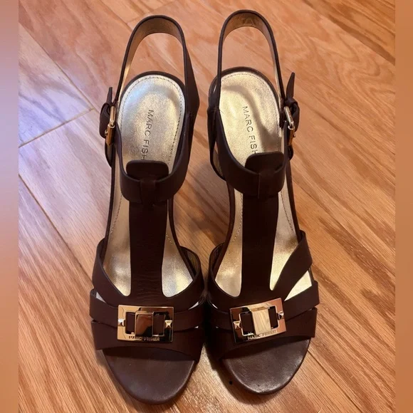 Marc Fisher Leather T-Strap Adj Buckle Platform Heels Brown 9M MFVARIKA2 - Picture 2 of 6